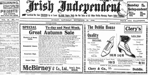 Two aspects of the one empire. An advertisement for Clery's on the front of the Irish Independent (1910)